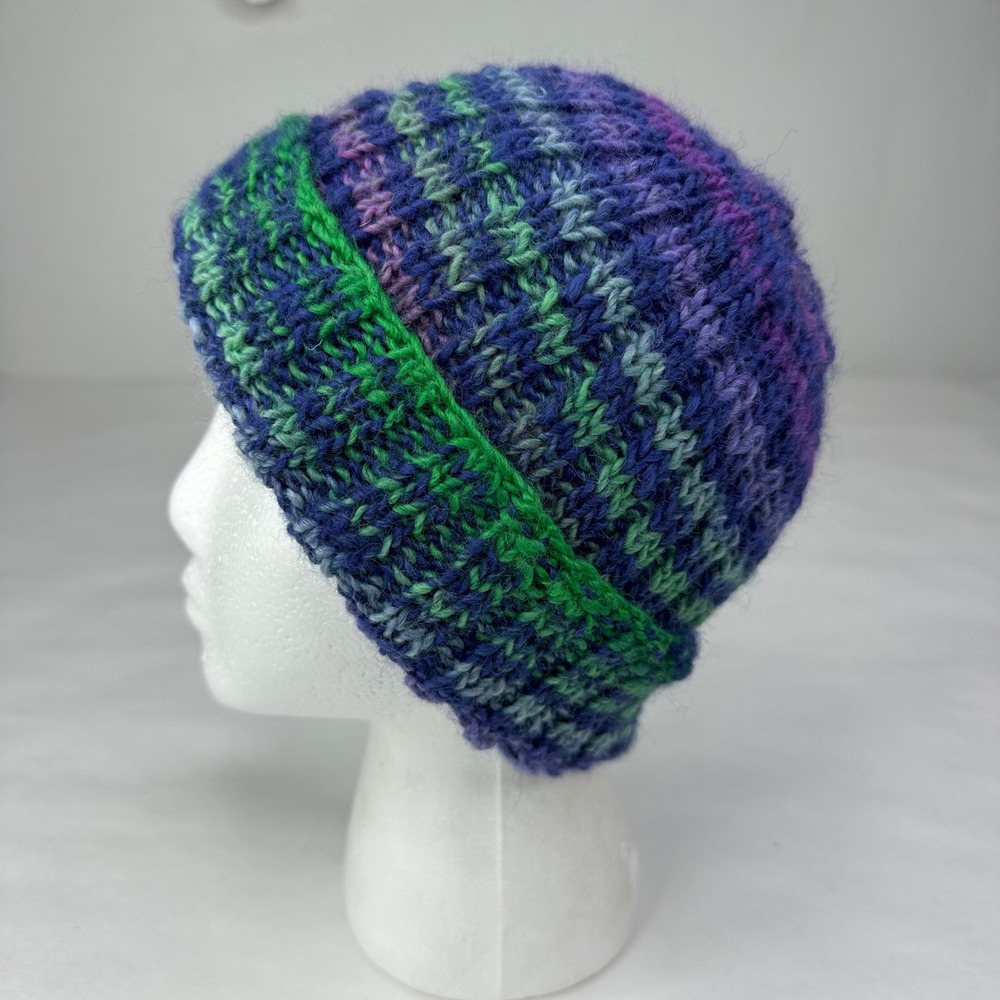 Handmade Knit Angora Beanie Hat Purple Green Space Dye Ribbed Winter Womens NEW